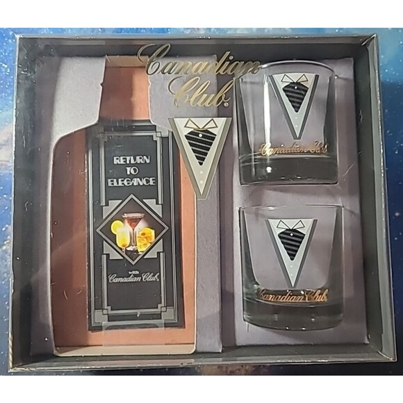 Vintage CANADIAN CLUB Whiskey Rocks Tumbler Low Ball Tuxedo Glasses Set of 2 - Picture 1 of 3